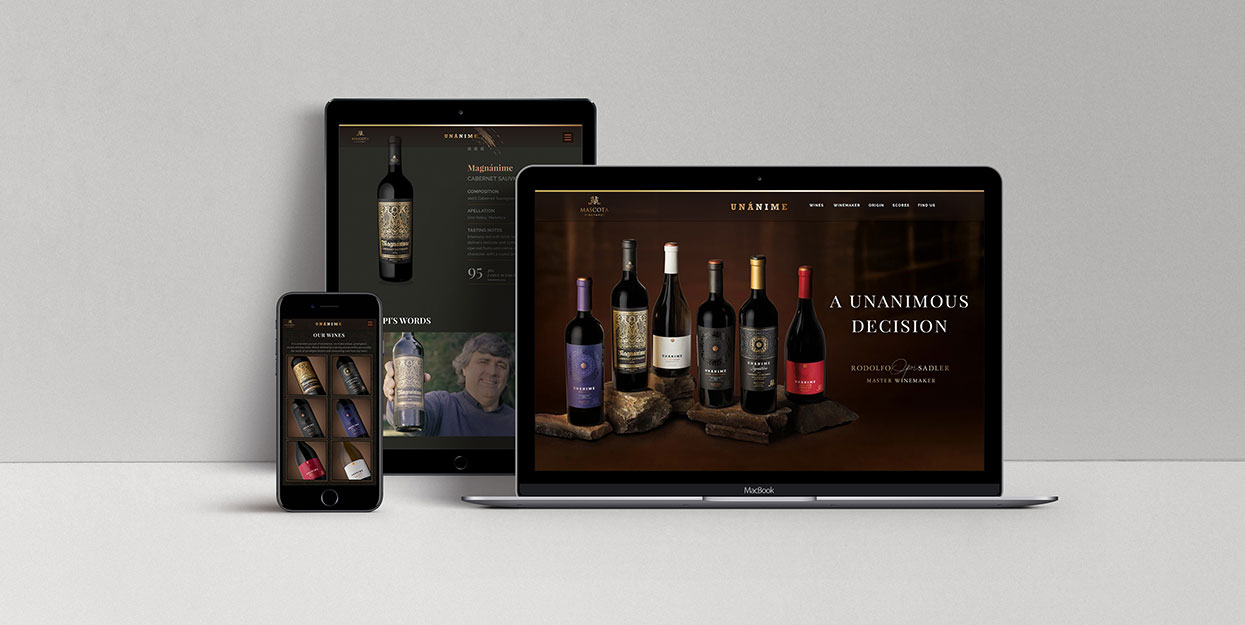 Web site Unánime Wine. Mascota Vineyards.