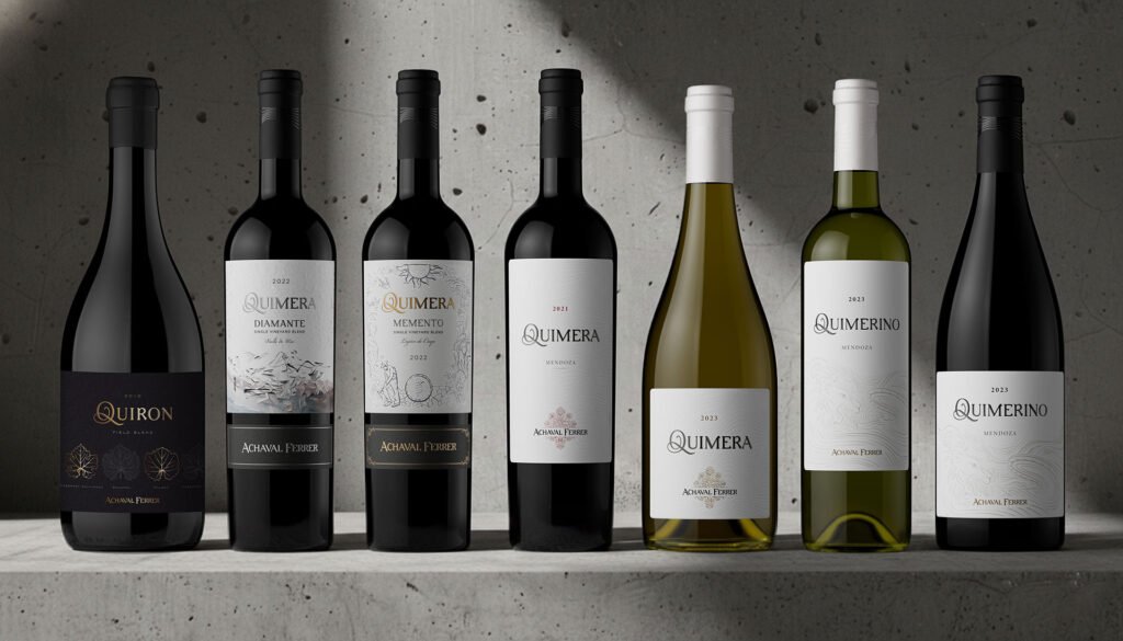 Línea completa de vinos Achaval Ferrer: Quirón, Quimera Diamante, Memento, Quimera y Quimerino, sobre estante de hormigón_Argency agencia de diseño y publicidad. Mendoza. Argentina