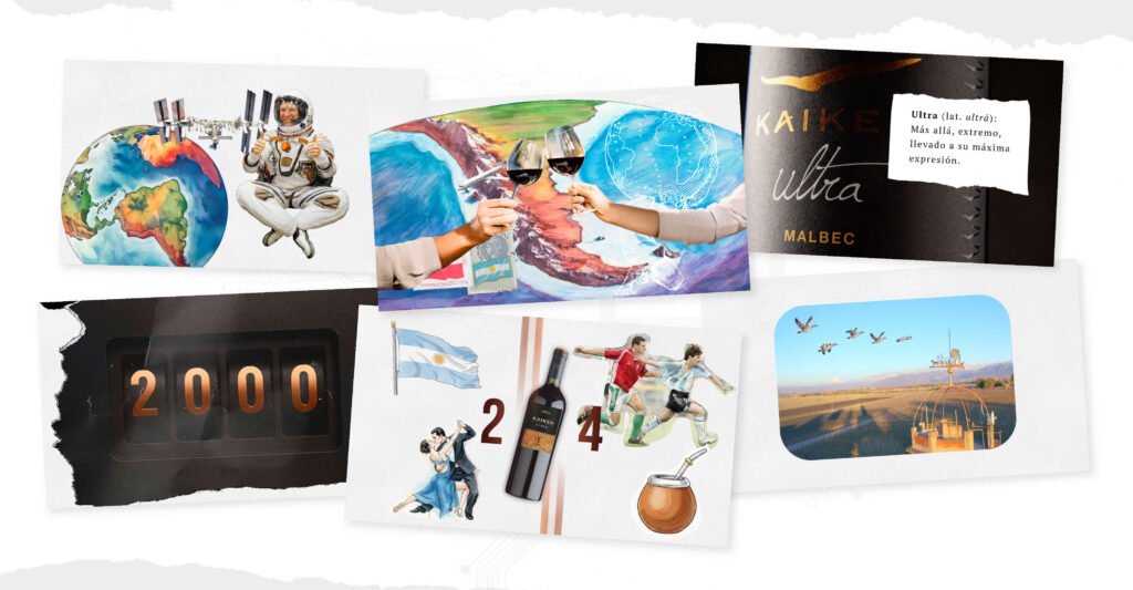Collage de piezas de campaña Kaiken Ultra Malbec: astronauta, brindis sobre mapa, tango, fútbol y mate_Argency agencia de diseño y publicidad. Mendoza. Argentina