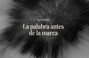 Placa en blanco y negro con explosión de partículas y título Naming: la palabra antes de la marca_Argency agencia de diseño y publicidad. Mendoza. Argentina