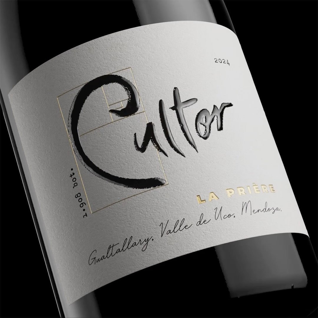 Cultor La Prière 2024 label with black calligraphy reading Gualtallary, Uco Valley, Mendoza_Argency design and advertising agency. Mendoza. Argentina